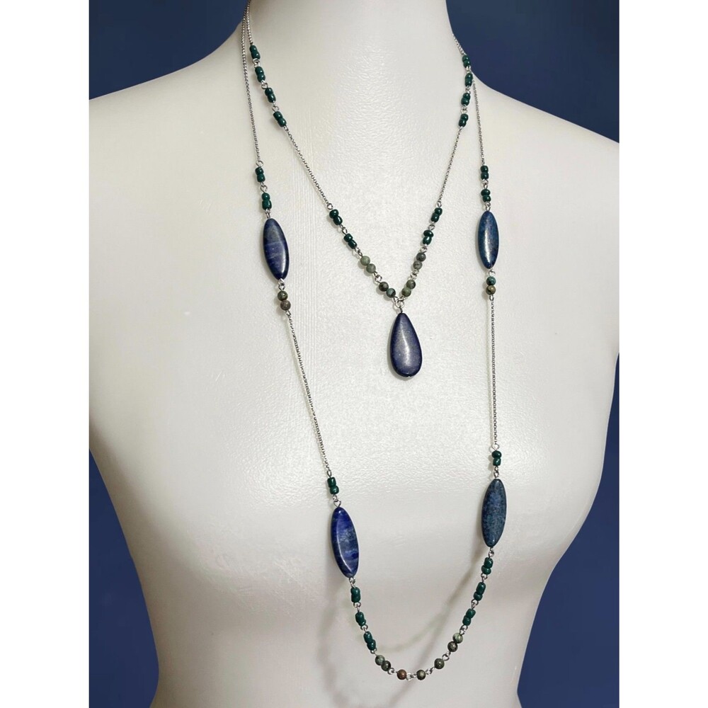 Blue Green Stone Necklace Set Long Beaded Silver Tone Layered Tiered Boho